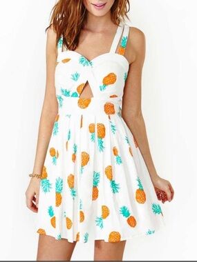 NWT Reverse White Mini Dress with Orange Pineapple Print Sz S.